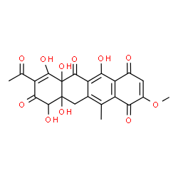 ChemSpider 2D Image | 8-Acetyl-5,6a,7,10,10a-pentahydroxy-2-methoxy-12-methyl-10a,11-dihydro-1,4,6,9(6aH,10H)-tetracenetetrone | C22H18O11