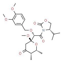 ChemSpider 2D Image | (4S)-3-{(2S)-2-[(3,4-Dimethoxybenzyl)oxy]-2-[(2R,5S,6R)-2-methoxy-5,6-dimethyl-4-oxotetrahydro-2H-pyran-2-yl]acetyl}-4-isopropyl-1,3-oxazolidin-2-one | C25H35NO9