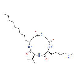 ChemSpider 2D Image | (3S,6S,13R)-3-Isopropyl-6-[4-(methylamino)butyl]-13-nonyl-1,4,7,10-tetraazacyclotridecane-2,5,8,11-tetrone | C26H49N5O4
