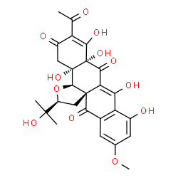 ChemSpider 2D Image | (2S,3aS,10aS,14aS,14bR)-12-Acetyl-8,9,10a,11,14a-pentahydroxy-2-(2-hydroxy-2-propanyl)-6-methoxy-2,3,14a,14b-tetrahydro-4H-tetraceno[6,5a-b]furan-4,10,13(10aH,14H)-trione | C26H26O12
