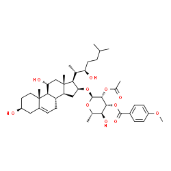 ChemSpider 2D Image | (3beta,11alpha,16beta,22R)-3,11,22-Trihydroxycholest-5-en-16-yl 2-O-acetyl-6-deoxy-3-O-(4-methoxybenzoyl)-alpha-L-mannopyranoside | C43H64O11