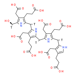 ChemSpider 2D Image | 3-[2-[[4-(2-carboxyethyl)-5-[[4-(2-carboxyethyl)-3-(carboxymethyl)-1H-pyrrol-2-yl]-tritio-methyl]-3-(carboxymethyl)-1H-pyrrol-2-yl]-tritio-methyl]-5-[[3-(2-carboxyethyl)-4-(carboxymethyl)-5-[(R)-hydroxy-tritio-methyl]-1H-pyrrol-2-yl]-tritio-methyl]-4-(carboxymethyl)-1H-pyrrol-3-yl]propanoic acid | C40H42T4N4O17
