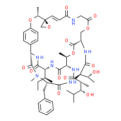 ChemSpider 2D Image | (2R,3R)-N-{(1'S,2S,7'R,9'E,17'S,20'R,21'S,24'R,29'S,32'R)-29'-Benzyl-24'-[(2S)-2-butanyl]-32'-[(1R)-1-hydroxyethyl]-7',20',28'-trimethyl-11',14',18',22',25',27',30',33'-octaoxospiro[oxirane-2,8'-[6,15
,19]trioxa[12,23,26,28,31,34]hexaazatricyclo[15.9.8.2~2,5~]hexatriaconta[2,4,9,35]tetraen]-21'-yl}-3-hydroxy-2,4-dimethylpentanamide | C51H69N7O15