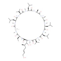 ChemSpider 2D Image | (3S,6S,9S,12R,15S,18S,21S,24S,30S,33S)-33-[(1R,2R,4E)-1,6-Dihydroxy-2-methyl-4-hexen-1-yl]-30-ethyl-6,9,18,24-tetraisobutyl-3,21-diisopropyl-1,4,7,10,12,15,19,25,28-nonamethyl-1,4,7,10,13,16,19,22,25,
28,31-undecaazacyclotritriacontane-2,5,8,11,14,17,20,23,26,29,32-undecone | C62H111N11O13