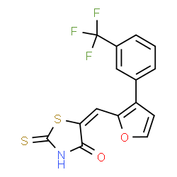 ChemSpider 2D Image | (5E)-2-Thioxo-5-({3-[3-(trifluoromethyl)phenyl]-2-furyl}methylene)-1,3-thiazolidin-4-one | C15H8F3NO2S2