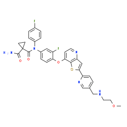 ChemSpider 2D Image | N-(3-Fluoro-4-{[2-(5-{[(2-methoxyethyl)amino]methyl}-2-pyridinyl)thieno[3,2-b]pyridin-7-yl]oxy}phenyl)-N-(4-fluorophenyl)-1,1-cyclopropanedicarboxamide | C33H29F2N5O4S