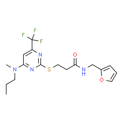 ChemSpider 2D Image | N-(2-Furylmethyl)-3-({4-[methyl(propyl)amino]-6-(trifluoromethyl)-2-pyrimidinyl}sulfanyl)propanamide | C17H21F3N4O2S