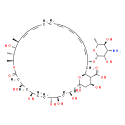 ChemSpider 2D Image | (1R,3S,5R,6R,9R,11R,15S,16R,17R,18S,33R,35S,36R,37S)-33-[(3-Amino-3,6-dideoxy-beta-D-mannopyranosyl)oxy]-1,3,5,6,9,11,17,37-octahydroxy-15,16,18-trimethyl-13-oxo-14,39-dioxabicyclo[33.3.1]nonatriacont
a-19,21,25,27,29,31-hexaene-36-carboxylic acid | C47H75NO17