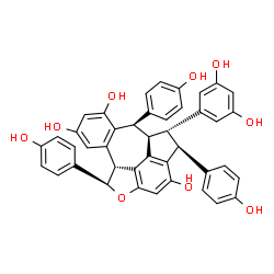 ChemSpider 2D Image | (3S,4S,4aR,5R,9bR,10R)-4-(3,5-Dihydroxyphenyl)-3,5,10-tris(4-hydroxyphenyl)-3,4,4a,5,9b,10-hexahydro-11-oxabenzo[5,6]cyclohepta[1,2,3,4-jkl]-as-indacene-2,6,8-triol | C42H32O9