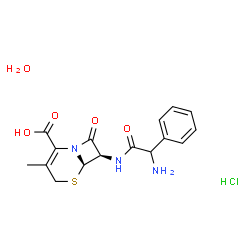 ChemSpider 2D Image | (6R,7R)-7-{[Amino(phenyl)acetyl]amino}-3-methyl-8-oxo-5-thia-1-azabicyclo[4.2.0]oct-2-ene-2-carboxylic acid hydrochloride hydrate | C16H20ClN3O5S