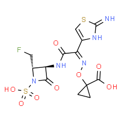 ChemSpider 2D Image | 1-({(Z)-[2-{[(2S,3R)-2-(Fluoromethyl)-4-oxo-1-sulfo-3-azetidinyl]amino}-1-(2-imino-2,3-dihydro-1,3-thiazol-4-yl)-2-oxoethylidene]amino}oxy)cyclopropanecarboxylic acid | C13H14FN5O8S2