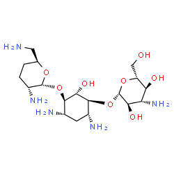 ChemSpider 2D Image | (1R,2S,3S,4R,6S)-4,6-Diamino-3-[(3-amino-3-deoxy-beta-D-glucopyranosyl)oxy]-2-hydroxycyclohexyl 2,6-diamino-2,3,4,6-tetradeoxy-alpha-D-erythro-hexopyranoside | C18H37N5O8