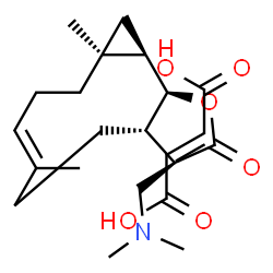 ChemSpider 2D Image | (3R,3aS,6E,9aS,10aR,10bS)-3-[(Dimethylamino)methyl]-6,9a-dimethyl-3,3a,4,5,8,9,9a,10,10a,10b-decahydro-2H-cyclopropa[9,10]cyclodeca[1,2-b]furan-2-one (2E)-2-butenedioate (1:1) | C22H33NO6