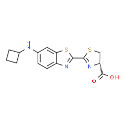 ChemSpider 2D Image | (4S)-2-[6-(Cyclobutylamino)-1,3-benzothiazol-2-yl]-4,5-dihydro-1,3-thiazole-4-carboxylic acid | C15H15N3O2S2