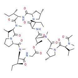 ChemSpider 2D Image | N-Acetyl-N-methyl-L-valyl-(4R)-N,4-dimethyl-N-{(2S,6S,9S,10R,16R,18aS,24R,27S,29aS)-6,16,27-tri[(2S)-2-butanyl]-24-isopropyl-2,10,17,25-tetramethyl-5,8,12,15,18,23,26,29-octaoxohexacosahydro-1H,12H-di
pyrrolo[2,1-i:2',1'-r][1,4,7,10,13,16,19,22]oxaheptaazacyclopentacosin-9-yl}-D-prolinamide | C57H96N10O12