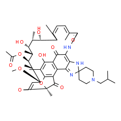 ChemSpider 2D Image | (7S,9E,11S,12R,13S,14R,15R,16R,17S,21E)-2,15,17-Trihydroxy-1'-isobutyl-11-methoxy-3,7,12,14,16,18,22-heptamethyl-6,23,32-trioxospiro[8,33-dioxa-24,27,29-triazapentacyclo[23.6.1.1~4,7~.0~5,31~.0~26,30~
]tritriaconta-1(31),2,4,9,19,21,25,29-octaene-28,4'-piperidin]-13-yl acetate | C46H62N4O11