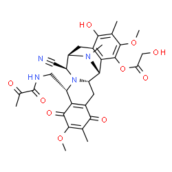 ChemSpider 2D Image | (1R,2S,10R,12R,13R)-12-Cyano-16-hydroxy-7,18-dimethoxy-6,17,21-trimethyl-5,8-dioxo-10-[(pyruvoylamino)methyl]-11,21-diazapentacyclo[11.7.1.0~2,11~.0~4,9~.0~15,20~]henicosa-4(9),6,15,17,19-pentaen-19-y
l glycolate | C31H34N4O10
