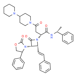 ChemSpider 2D Image | (2R)-4-(1,4'-Bipiperidin-1'-yl)-4-oxo-2-{(3S,4R)-2-oxo-3-(2-oxo-4-phenyl-1,3-oxazolidin-3-yl)-4-[(E)-2-phenylvinyl]-1-azetidinyl}-N-[(1R)-1-phenylethyl]butanamide | C42H49N5O5