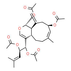 ChemSpider 2D Image | (1R,4aS,7Z,9R,11aR)-4-[(1S,2R)-1,2-Diacetoxy-4-methyl-3-penten-1-yl]-7-methyl-11-methylene-1,4a,5,6,9,10,11,11a-octahydrocyclonona[c]pyran-1,9-diyl diacetate | C28H38O9