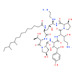 ChemSpider 2D Image | N-{(2R,6S,9S,11R,12S,14aS,15S,20S,23S,25aS)-12-[(2-Aminoethyl)amino]-20-[(1R)-3-amino-1-hydroxypropyl]-23-[(1R,2R)-1,2-dihydroxy-2-(4-hydroxyphenyl)ethyl]-2,11,15-trihydroxy-6-[(1R)-1-hydroxyethyl]-5,
8,14,19,22,25-hexaoxotetracosahydro-1H-dipyrrolo[2,1-c:2',1'-l][1,4,7,10,13,16]hexaazacyclohenicosin-9-yl}-10,12-dimethyltetradecanamide | C52H88N10O15