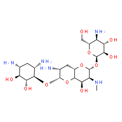 ChemSpider 2D Image | (2R,3S,4R,6S,7R,8aS)-7-Amino-6-{[(1R,2R,3S,4R,6S)-4,6-diamino-2,3-dihydroxycyclohexyl]oxy}-4-hydroxy-3-(methylamino)octahydropyrano[3,2-b]pyran-2-yl 4-amino-4-deoxy-alpha-D-glucopyranoside | C21H41N5O11
