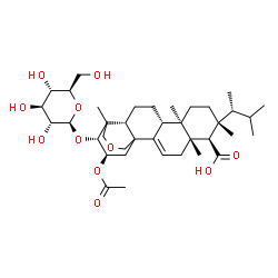 ChemSpider 2D Image | (1R,5S,6R,7R,10R,11R,14R,20R,21R)-20-Acetoxy-21-(beta-D-glucopyranosyloxy)-5,7,10,15-tetramethyl-7-[(2R)-3-methyl-2-butanyl]-17-oxapentacyclo[13.3.3.0~1,14~.0~2,11~.0~5,10~]henicos-2-ene-6-carboxylic 
acid | C38H60O11