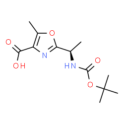 ChemSpider 2D Image | 5-Methyl-2-[(1R)-1-({[(2-methyl-2-propanyl)oxy]carbonyl}amino)ethyl]-1,3-oxazole-4-carboxylic acid | C12H18N2O5