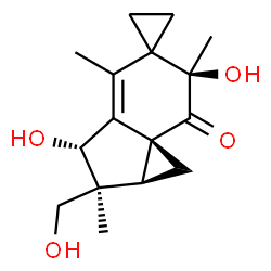 ChemSpider 2D Image | (1aS,2S,3R,6R,7aR)-3,6-Dihydroxy-2-(hydroxymethyl)-2,4,6-trimethyl-1,1a,2,3-tetrahydrospiro[cyclopropa[c]indene-5,1'-cyclopropan]-7(6H)-one | C16H22O4