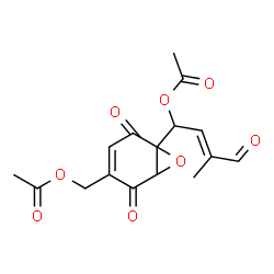 ChemSpider 2D Image | (2E)-1-[4-(Acetoxymethyl)-2,5-dioxo-7-oxabicyclo[4.1.0]hept-3-en-1-yl]-3-methyl-4-oxo-2-buten-1-yl acetate | C16H16O8