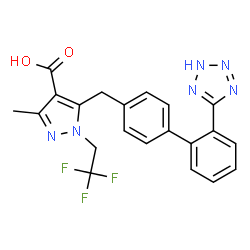 ChemSpider 2D Image | 3-Methyl-5-{[2'-(2H-tetrazol-5-yl)-4-biphenylyl]methyl}-1-(2,2,2-trifluoroethyl)-1H-pyrazole-4-carboxylic acid | C21H17F3N6O2