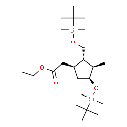 ChemSpider 2D Image | Ethyl [(1S,2S,3R,4S)-4-{[dimethyl(2-methyl-2-propanyl)silyl]oxy}-2-({[dimethyl(2-methyl-2-propanyl)silyl]oxy}methyl)-3-methylcyclopentyl]acetate | C23H48O4Si2
