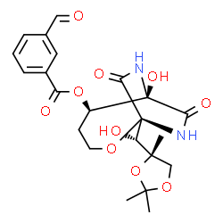 ChemSpider 2D Image | (1S,5R,6R)-6-Hydroxy-1-{(S)-hydroxy[(4S)-2,2,4-trimethyl-1,3-dioxolan-4-yl]methyl}-8,10-dioxo-2-oxa-7,9-diazabicyclo[4.2.2]dec-5-yl 3-formylbenzoate | C22H26N2O10