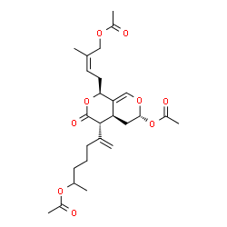 ChemSpider 2D Image | (2Z)-4-[(1S,4R,4aS,6R)-6-Acetoxy-4-(6-acetoxy-1-hepten-2-yl)-3-oxo-4,4a,5,6-tetrahydro-1H,3H-pyrano[3,4-c]pyran-1-yl]-2-methyl-2-buten-1-yl acetate | C26H36O9