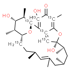 ChemSpider 2D Image | (1R,9S,10S,12S,16S,19R,20R,21S,22R)-3,9,21-Trihydroxy-5,10,12,14,16,20,22-heptamethyl(1,3,5,7,8,18-~13~C_6_)-23,24-dioxatetracyclo[17.3.1.1~6,9~.0~2,7~]tetracosa-2,5,7,14-tetraen-4-one | C2313C6H42O6