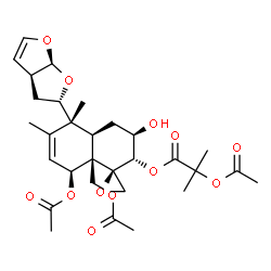 ChemSpider 2D Image | (1R,2S,3R,4aR,5R,8S,8aR)-8-Acetoxy-8a-(acetoxymethyl)-3-hydroxy-5,6-dimethyl-5-[(2S,3aS,6aS)-2,3,3a,6a-tetrahydrofuro[2,3-b]furan-2-yl]-3,4,4a,5,8,8a-hexahydro-2H-spiro[naphthalene-1,2'-oxiran]-2-yl 2
-acetoxy-2-methylpropanoate | C30H40O12