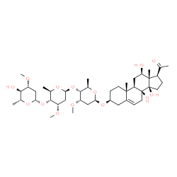 ChemSpider 2D Image | (3beta,12beta,14beta)-8,12,14-Trihydroxy-20-oxopregn-5-en-3-yl 2,6-dideoxy-3-O-methyl-beta-D-arabino-hexopyranosyl-(1->4)-2,6-dideoxy-3-O-methyl-beta-D-ribo-hexopyranosyl-(1->4)-2,6-dideoxy-3-O-methyl
-beta-D-ribo-hexopyranoside | C42H68O14
