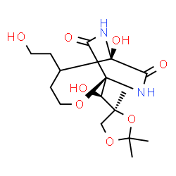 ChemSpider 2D Image | (1S,6R)-6-Hydroxy-5-(2-hydroxyethyl)-1-{(R)-hydroxy[(4S)-2,2,4-trimethyl-1,3-dioxolan-4-yl]methyl}-2-oxa-7,9-diazabicyclo[4.2.2]decane-8,10-dione | C16H26N2O8