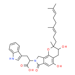 ChemSpider 2D Image | 2-{2-[(3E)-4,8-Dimethyl-3,7-nonadien-1-yl]-3,5-dihydroxy-2-methyl-7-oxo-3,4,7,9-tetrahydropyrano[2,3-e]isoindol-8(2H)-yl}-3-(1H-indol-3-yl)propanoic acid | C34H40N2O6
