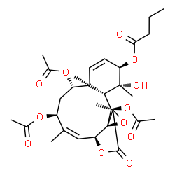 ChemSpider 2D Image | (1R,2R,4aS,5S,7S,8Z,9aS,11aR,12aS,13R,13aS)-5,7,13-Triacetoxy-1-hydroxy-1,4a,8,11a-tetramethyl-11-oxo-2,4a,5,6,7,9a,11,11a,13,13a-decahydro-1H-benzo[4,5]cyclodeca[1,2-b]oxireno[c]furan-2-yl butyrate | C30H40O12