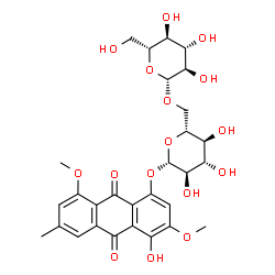 ChemSpider 2D Image | 4-Hydroxy-3,8-dimethoxy-6-methyl-9,10-dioxo-9,10-dihydro-1-anthracenyl 6-O-beta-D-glucopyranosyl-beta-D-glucopyranoside | C29H34O16