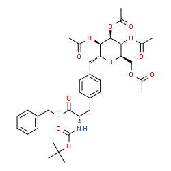 ChemSpider 2D Image | Benzyl (2S)-2-({[(2-methyl-2-propanyl)oxy]carbonyl}amino)-3-(4-{[(2R,3R,4R,5R,6R)-3,4,5-triacetoxy-6-(acetoxymethyl)tetrahydro-2H-pyran-2-yl]methyl}phenyl)propanoate | C36H45NO13
