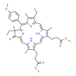 ChemSpider 2D Image | Dimethyl 3,3'-[8,13-diethyl-10-(4-methoxyphenyl)-3,8,12,17-tetramethyl-7-oxo-7,8-dihydroporphyrin-2,18-diyl]dipropanoate | C43H48N4O6