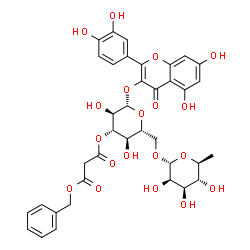 ChemSpider 2D Image | 2-(3,4-Dihydroxyphenyl)-5,7-dihydroxy-4-oxo-4H-chromen-3-yl 3-O-[3-(benzyloxy)-3-oxopropanoyl]-6-O-(6-deoxy-alpha-L-mannopyranosyl)-beta-D-glucopyranoside | C37H38O19