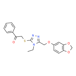ChemSpider 2D Image | 2-({5-[(1,3-Benzodioxol-5-yloxy)methyl]-4-ethyl-4H-1,2,4-triazol-3-yl}sulfanyl)-1-phenylethanone | C20H19N3O4S