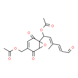 ChemSpider 2D Image | (2E,4E)-1-[4-(Acetoxymethyl)-2,5-dioxo-7-oxabicyclo[4.1.0]hept-3-en-1-yl]-3-methyl-6-oxo-2,4-hexadien-1-yl acetate | C18H18O8