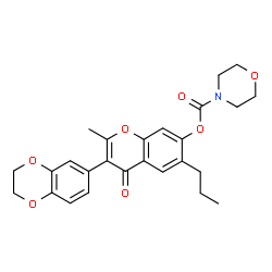 ChemSpider 2D Image | 3-(2,3-Dihydro-1,4-benzodioxin-6-yl)-2-methyl-4-oxo-6-propyl-4H-chromen-7-yl 4-morpholinecarboxylate | C26H27NO7