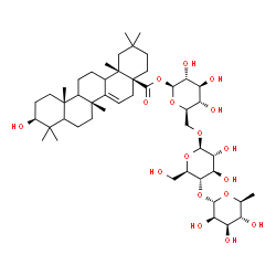 ChemSpider 2D Image | 6-Deoxy-alpha-L-mannopyranosyl-(1->4)-beta-D-glucopyranosyl-(1->6)-1-O-{[(4aS,6bR,10S,12aR,14bS)-10-hydroxy-2,2,6b,9,9,12a,14b-heptamethyl-1,3,4,5,6b,7,8,8a,9,10,11,12,12a,12b,13,14,14a,14b-octadecahy
dro-4a(2H)-picenyl]carbonyl}-beta-D-glucopyranose | C48H78O17