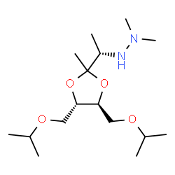 ChemSpider 2D Image | 2-{(1S)-1-[(4S,5S)-4,5-Bis(isopropoxymethyl)-2-methyl-1,3-dioxolan-2-yl]ethyl}-1,1-dimethylhydrazine | C16H34N2O4