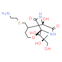 ChemSpider 2D Image | (1S,6R)-5-{[(2-Aminoethyl)sulfanyl]methyl}-6-hydroxy-1-[(1S,2S)-1,2,3-trihydroxy-2-methylpropyl]-2-oxa-7,9-diazabicyclo[4.2.2]decane-8,10-dione | C14H25N3O7S