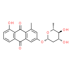 ChemSpider 2D Image | 5-Hydroxy-4-methyl-9,10-dioxo-9,10-dihydro-2-anthracenyl 2,6-dideoxy-beta-D-arabino-hexopyranoside | C21H20O7